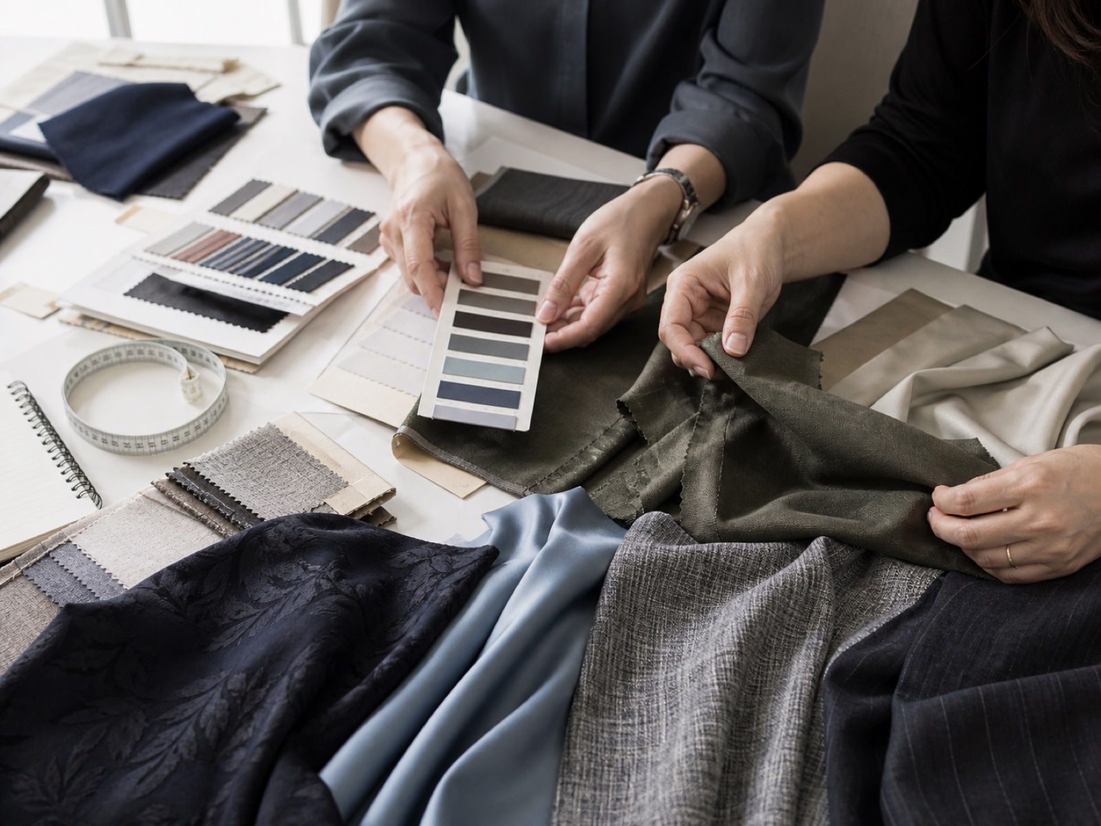 Fabric swatches and color cards being reviewed for womenswear development